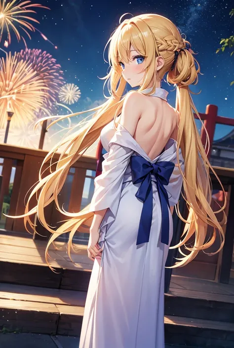 anime, woman, standing, looking away, blushing, semi long, low twintails, wavy hair, blonde, gradient hair, blue eyes, with sparkling eyes, shiny skin, slender, yukata, adult, looking up, in the Japanese festival, with fireworks, at night, cowboy shot, bac...