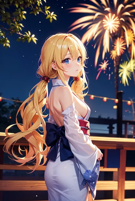 anime, woman, standing, looking away, blushing, semi long, low twintails, wavy hair, blonde, gradient hair, blue eyes, with sparkling eyes, shiny skin, slender, yukata, adult, looking up, in the Japanese festival, with fireworks, at night, cowboy shot, bac...