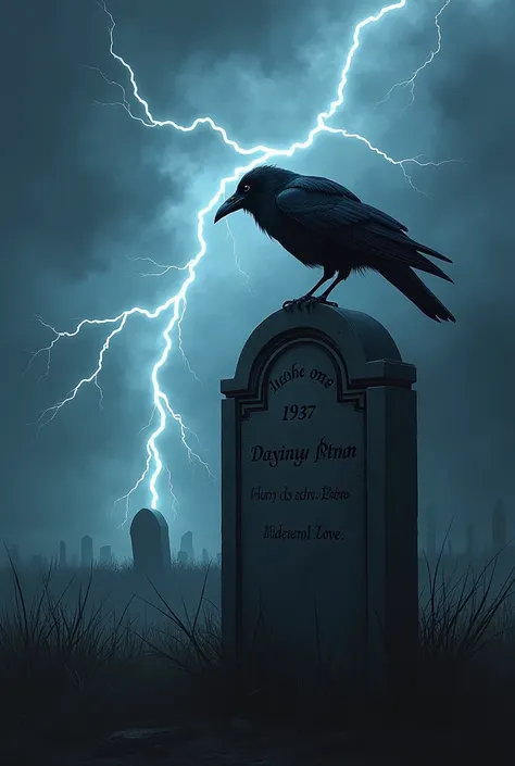 Create a picture of a gravestone that says From 1937 to today on the gravestone stands a raven and in the background a lightning strike. The gravestone is from my father. The picture should be sad and a little scary.