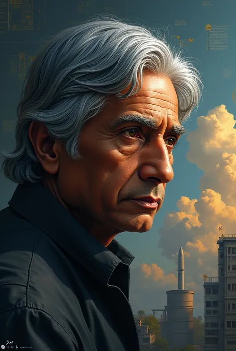 Create an image of A.P.J. Abdul Kalam, portrayed as a thoughtful and determined young man, symbolizing a life of struggle and inspiration, with a background hinting at scientific achievements and challenges.