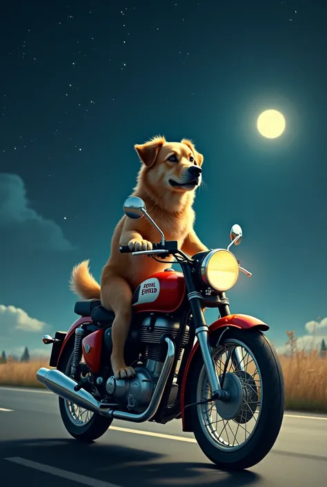 Dog drive a Royal Enfield classic bike in the night and there is a lot of stars and single big moon 