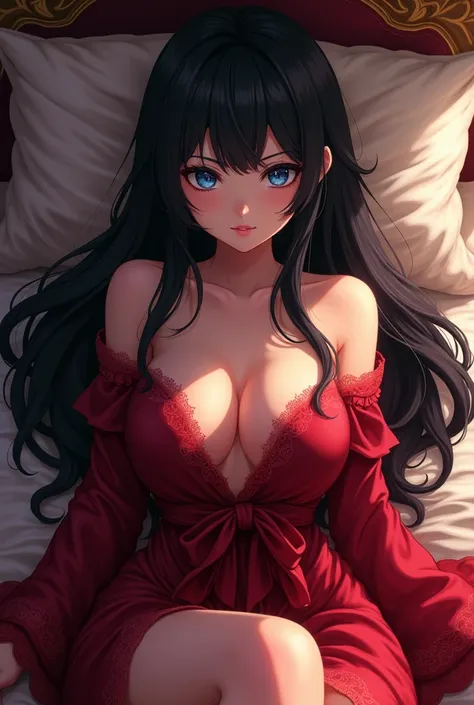 Black hair anime woman with blue eyes and long hair wearing a seductive red robe with her shoulder exposed and laying on the bed