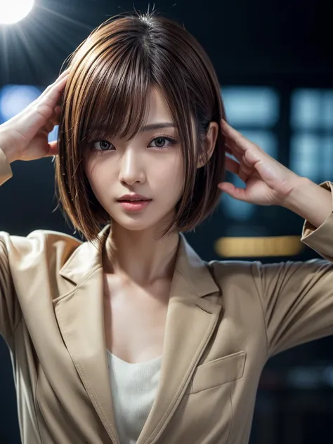 Highest quality, Realistic, Very detailed, finely, High resolution, 8k, Cinema Lighting, 1 person, Beautiful Japanese Women, 30 years old, light brown straight bob hair, Wear a business suit, (Blurred Background, office, noon, Light of the sun), Sharp focu...