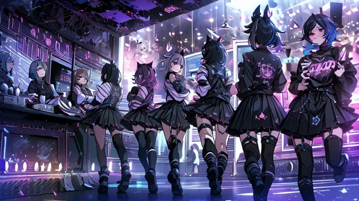 group of barista girls,pastel goth girls, pastel goth outfit, whiskey, bar, pleated skirts, low angle view, neon light, dynamic ...