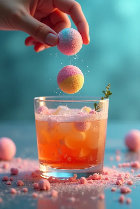 Create an image of cocktail in which a small bath bomb is getting dropped