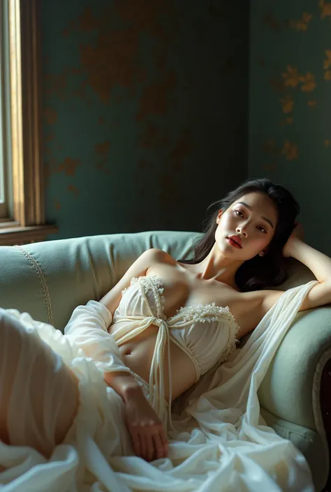 An Award-Winning Masterpiece, (photo realistic) photograph, vogue, very detailed, long shot view, a glamour shot of an Asian Female Princess wrapped in only sheer silk linens laying across the couch in subtle lighting showing expressions
                  ...