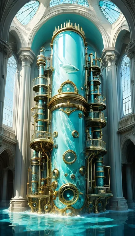 mysterious work of art painted with unusual techniques, conceptual installation art, high and fine artwork, mechanical underwater city, exposed mechanical parts, huge pipe organ with white and gold-plated marble pattern, sign saying "Treasure", crystal cle...