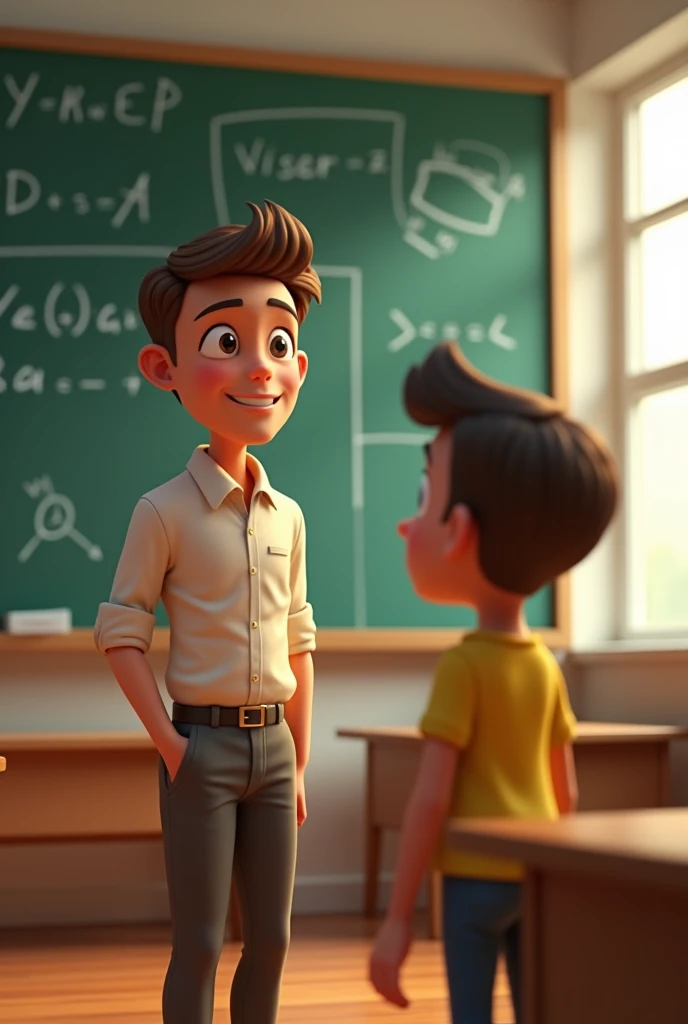 Generate in cinematic 3D cartoon style image of A teacher standing in front of a blackboard, looking at a student, with a questioning expression