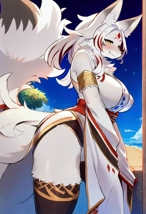 (top quality, best quality, High-quality illustrations, masterpiece, 16k, 1080p, uploaded on e621)(kemono, furry, anthro, alone), round, 1 female, hot mother figure, very detailed body face and eyes, white fox, Daji, (Full Bokko Heroes), white fur, fluff, ...