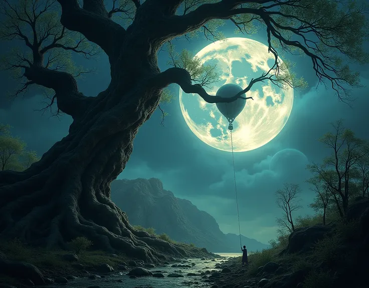 [(create a optical illusion; draw a hyper-realistic image of a paradoxical scene)]. [A giant moon trapped between the branches of a tree, like an escaped balloon]. 