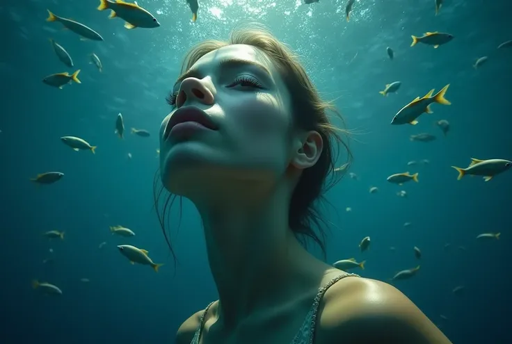 beautiful detailed eyes, beautiful detailed lips, extremely detailed eyes and face, long eyelashes, woman swimming underwater, fish swimming around her, underwater portrait, underwater photography, surreal beautiful young woman, cinematic underwater scene,...