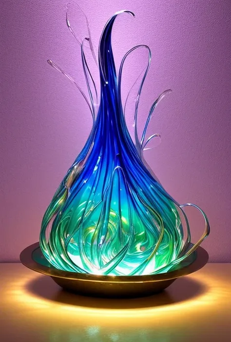 Glass art ,Glass sculpture, Lilac-breasted Roller ((Tailed armor) important) illuminated by the BEAUTIFUL SUN AT DAWN, highlighting its beauty, as Glass Sculpture (in the spotlight (important)), small points of light come out like little perilamps in a mer...