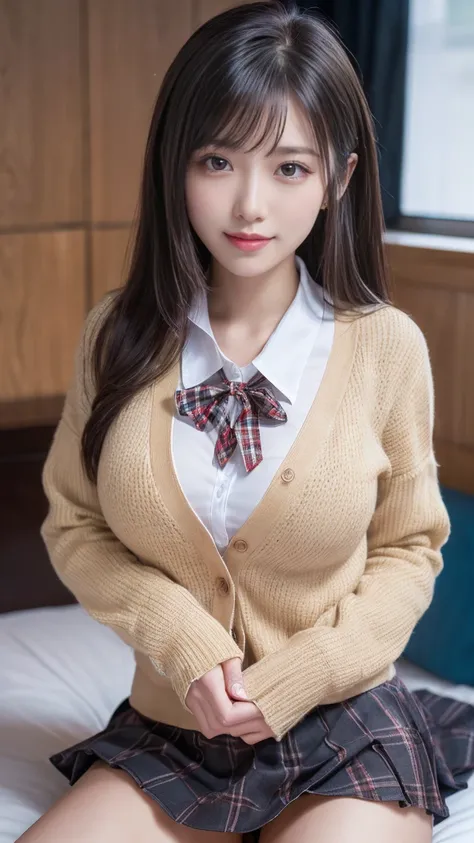 (((8k、High resolution、Highest quality、High resolution)))alone、Natural body shape、White skin、Natural Makeup、Black Hair、bangs、Straight Long Hair、、((High School Uniform)) 、((Beige cardigan、white collared long sleeve blouse))、((Red checked pleated skirt))、(red...