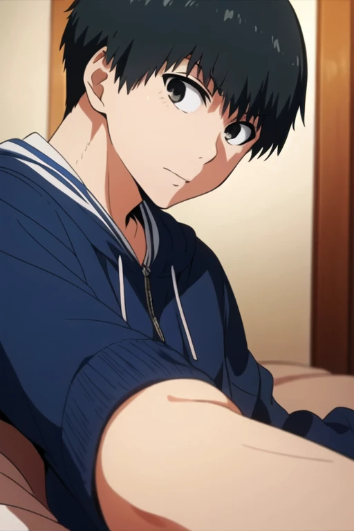 masterpiece, best quality, illustration, 1boy, solo, male focus, looking at viewer , ken_kaneki, black hair, black eyes