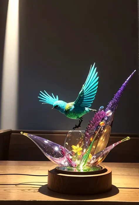 Glass art ,Glass sculpture, Lilac-breasted Roller ((Tailed armor) important) illuminated by the BEAUTIFUL SUN AT DAWN, highlighting its beauty, as Glass Sculpture (in the spotlight (important)), small points of light come out like little perilamps in a mer...