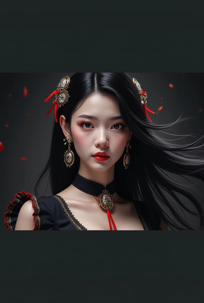 best quality, (photorealistic:1.2), 1girl, solo, detailed face, face focus, standing, black hair,(hair ornament:1.35),office lady, ribbon-trimmed sleeves, detached sleeves, ribbon trim, wide sleeves, (looking at viewer:1.5) long hair, black eyes, bangs, li...