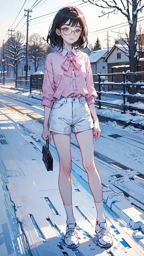 a girl,sixteen years old ,brown medium hair,white skin,glasses, pink blouses,white mini short pants,sport white socks,thin legs,slim,skinny,in the snow