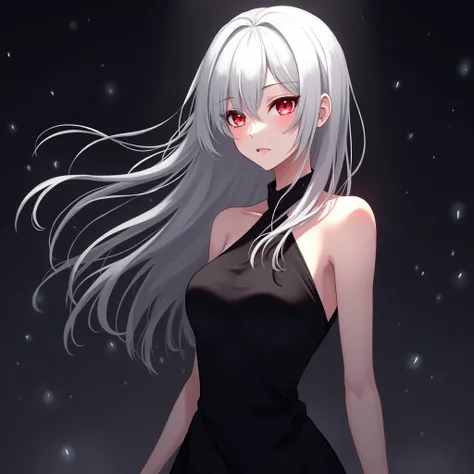 Anime girl with white hair and red eyes and black dress on background 