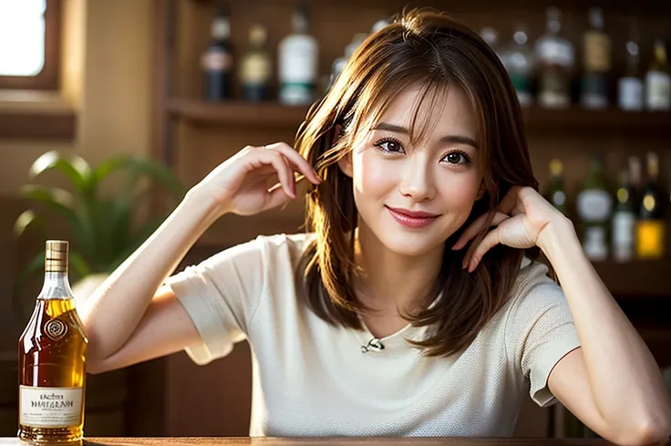 (Realistic, 超Realistic:1.4), 16k hdr, High resolution,Brown short hair,Happy Smile、The best smile、Lovers、Model Couple、Japanese actress,Super Beauty(Like the real thing),Short sleeve dress,Whiskey bottles、The Macallan、Johnnie Walker、、Old Parr、whiskey、Suntor...