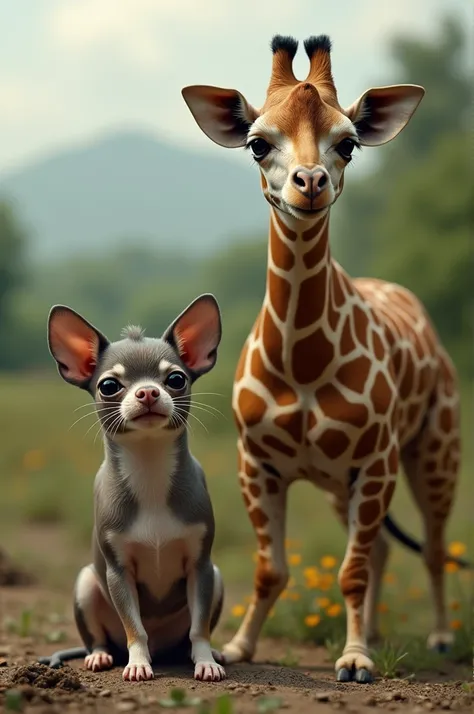 (Photorealism 1.2) , chihuahua with a rat&#39;s head and a side parting next to a giraffe that has a basset hound&#39;s body