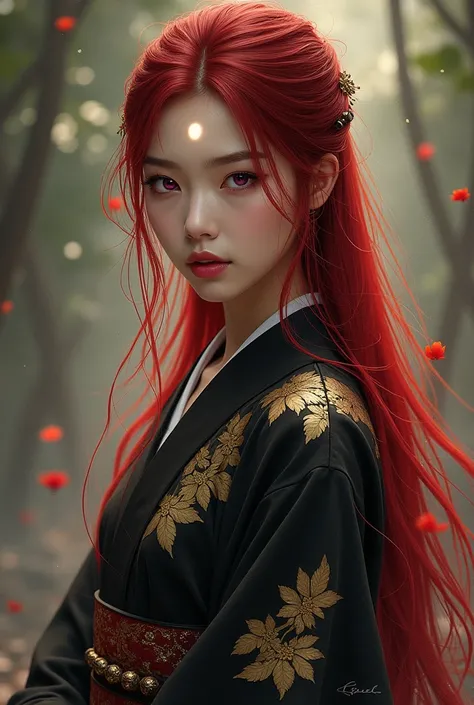 Japanese fantasy Empress with lotus mark on her forehead, 30 years old. Give her fox-like stormy violet eyes, long smooth blood red hair, and give her an elegant kimono or yukata that is black and gold. Must have Asian facial structure 

Note!!!
No animal ...