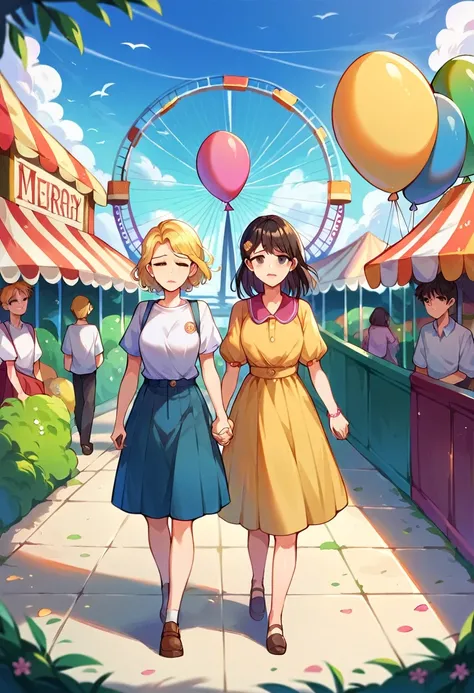 The black-haired mother and the yellow-haired daughter came to the amusement park to play. , Holding hands ,Amusement park , lots of balloons、the Ferris wheel、merry-go-round、rollercoaster,sad, Walking, A disgruntled expression