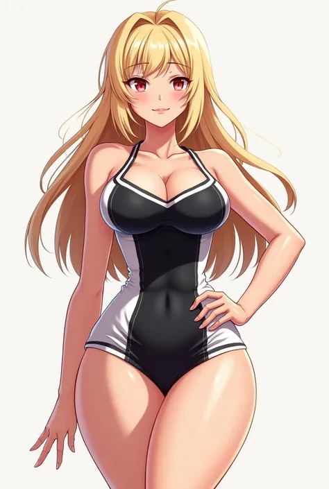 White skinned anime girl with bright red slanted eyes, with long light blonde hair with huge breasts thick thighs big butt , wearing a black and white cheerleading uniform with a short skirt 