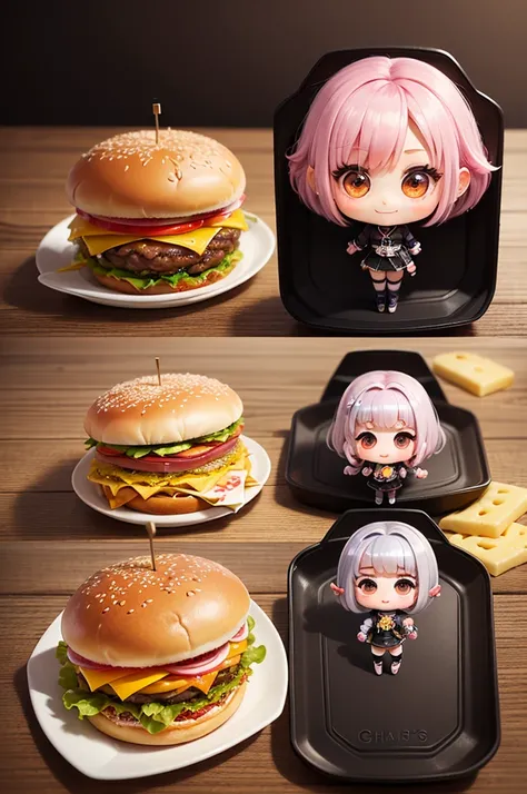 masterpiece、top-quality、ultra-detailliert、(Chibi Charas Daughter:1.3)、Silver Bob、Canine ears、wraith、Double Cheese Bacon Big Burger🍔、Special Set Menu、Inside a fast food restaurant、eats、A smile