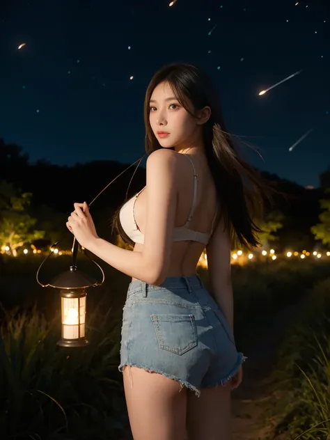 a girl, holding a lantern, walking in the field, it was dark, fireflies around.  no clothes, has a beautiful figure, beautiful b...