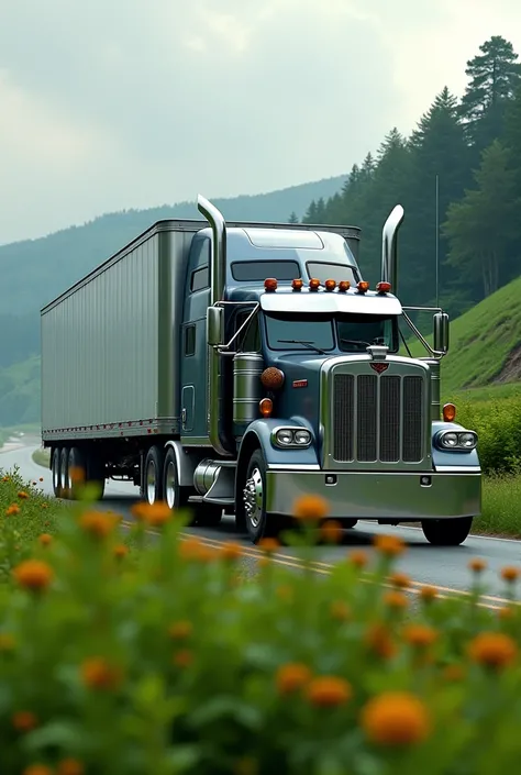 Canadian grey long truck with trailor on speed greenery