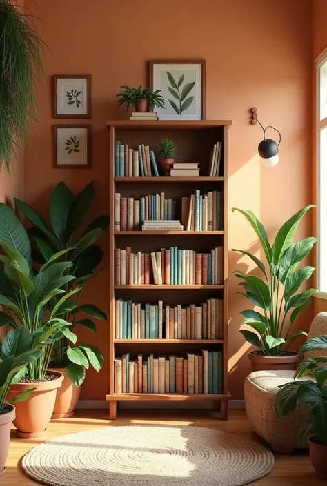 Create a scenario: a background wall with some plants and decorative pictures. 
This environment is for me to record videos telling stories, It has to be cozy, to spread peace, Amemos... Put a bookshelf with books too This image has to be a background for ...