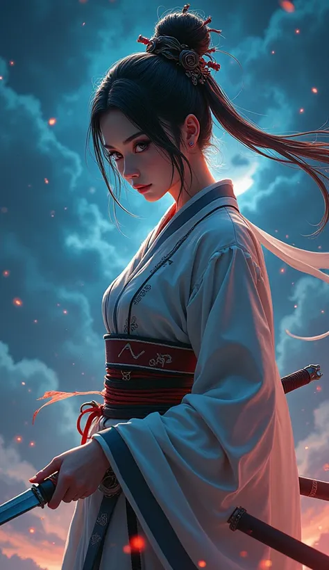 Wearing traditional Asian clothing,Beautiful female warrior,Fighting with knives,Beautiful night sky,Big eyes,Long eyelashes,Detailed nose,Detailed mouth,cyber punk.