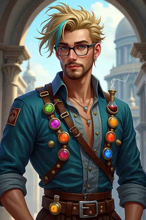 Young man. Blond disheveled hair. Few locks of blue hair on the left side. Wears glasses. His facial hair follows jawline, while his cheeks were clean-shaved. 
Belt in chest has colorful round flasks.
Belt on waist has potion flasks.