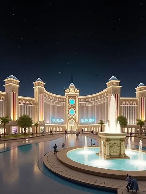 a large building with a fountain in front of it, glowing epicentre, city quality lighting, night view, 5000k white product lighting, in magnificent shopping mall, commercial lighting, volumetric outdoor lighting, stunning grand architecture, global lightin...