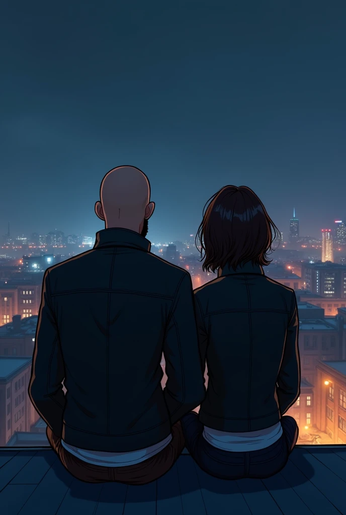 Male not tall bald head with beard in black leather jacket and female brunette in black leather jacket sitting on rooftop from behind at night together Kyiv City animated style