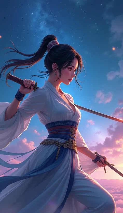 Wearing traditional Asian clothing,Beautiful female warrior,Fighting with knives,Beautiful night sky,Big eyes,Long eyelashes,Detailed nose,Detailed mouth,anime.