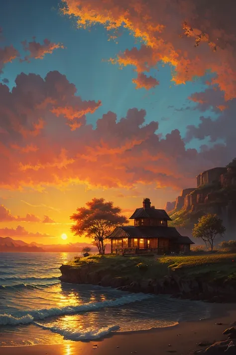 Highest quality、Landscape painting、Beautiful sunset、romantic、dramatic、Mood