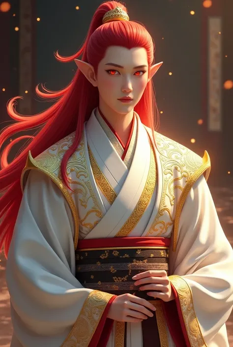 Japanese fantasy Emperor , 30 years old. Give him fox-like fiery red eyes, long smooth blood red hair tied in a ponytail, and give her a regal yukata that is white and gold. Must have Asian facial structure 

Note!!!
No animal traits, no animal ears