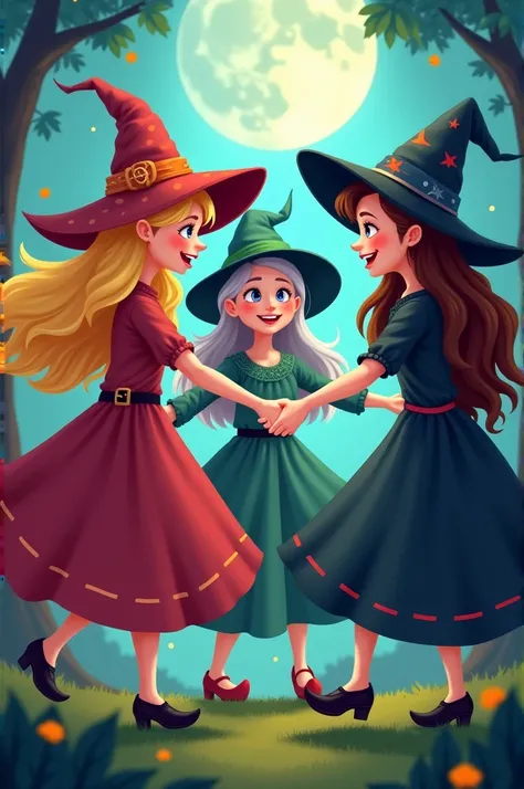 Four happy witches dancing one of the witches has blonde hair and blue eyes, She&#39;s a little chubby, like 18 years old. The other witch is a slightly chubby adult with long brown hair.. The other witch has gray hair with a bit of pastel pink, y la últim...