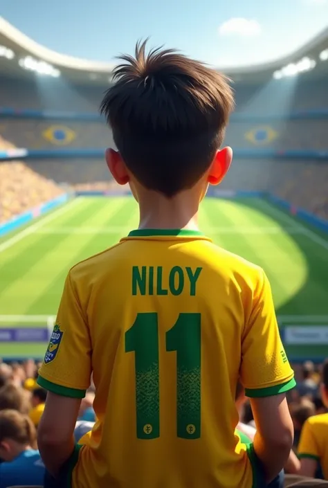 An 1 boy wearing his name "Niloy" and jersey number "11" of the Brazil soccer team is sitting inside a soccer stadium