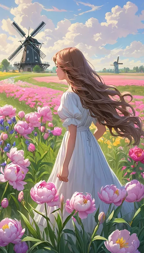 A European plain meadow with colorful peonies blooming on it. In the distance there is a tall Dutch windmill. A wavy long hair girl strokes her hair among the irises.