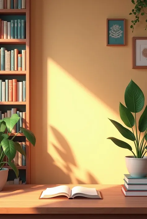 Create a scenario: a background wall with some plants and decorative pictures. 
This environment is for me to record videos telling stories, It has to be cozy, to spread peace, Amemos... Put a bookshelf with books too This image has to be a background for ...