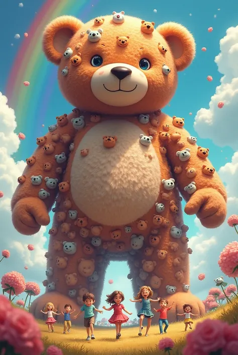 A giant teddy bear made up of many teddy bears, Children dance enthusiastically around, Rainbows and clouds