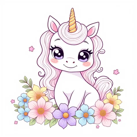 Coloring page of a cute lovely kawaii style unicorn: white background, Luminous flowers. For children from 5 to Make another, black and white