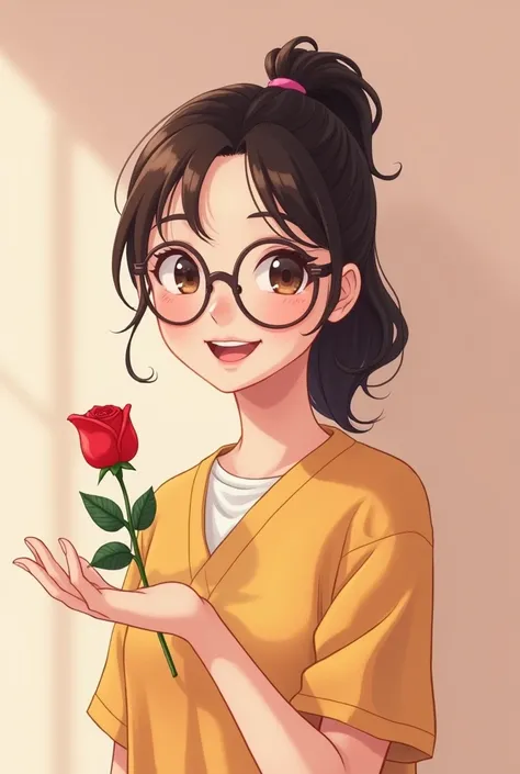 Simple pose of a smiling cutely ponytail woman with glasses, give you a rose