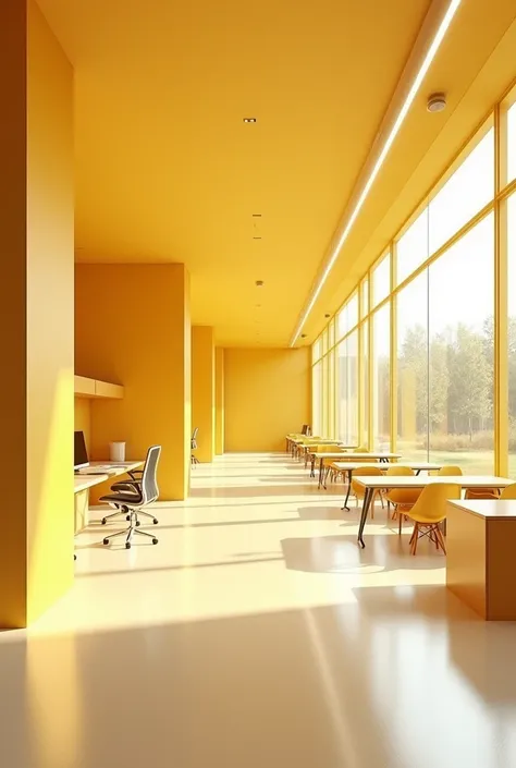 Professional 3d architecture rendering design of modern and minimal and high tech design for architecture office with light  yellow tem and modern chairs and modern ceiling lighting and modern tables 