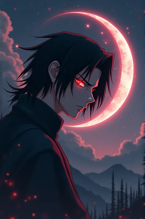 Uchiha Itachi with the moon as a rinnegan with a very beautiful background