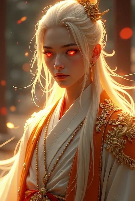 Japanese fantasy Emperor , 30 years old. Give him fox-like fiery red eyes, long smooth bright blond hair tied in a ponytail, and give her a regal yukata that is white and gold. Must have Asian facial structure 

Note!!!
No animal traits, no animal ears