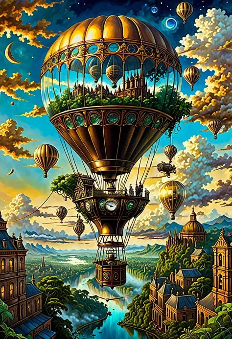 cosmicstyle (hot air balloon, steampunk design, floating above, victorian city, gears, steam, brass, copper, clockworks, ruins, ...