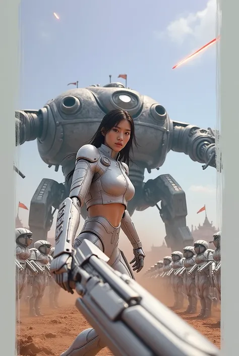 (best quality,4k,8k,highres,masterpiece:1.2),ultra-detailed,(realistic,photorealistic,photo-realistic:1.37),oriental detailed background,science fiction,mechanical arms,detailed Asian girl with man,war,monster army,techwear,military uniform,cinematic dark ...